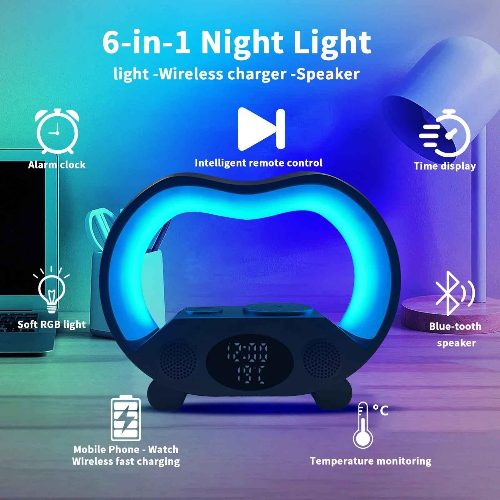 Smart LED Table Lamp - 6-in-1 Bluetooth-Compatible Remote Control with Wireless Charger and Night Light Speaker
