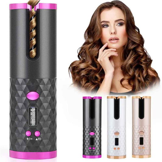 Rechargeable Automatic Hair Curler for Women - Portable Ceramic Curling Iron with LCD Display and Rotating Wave Styler